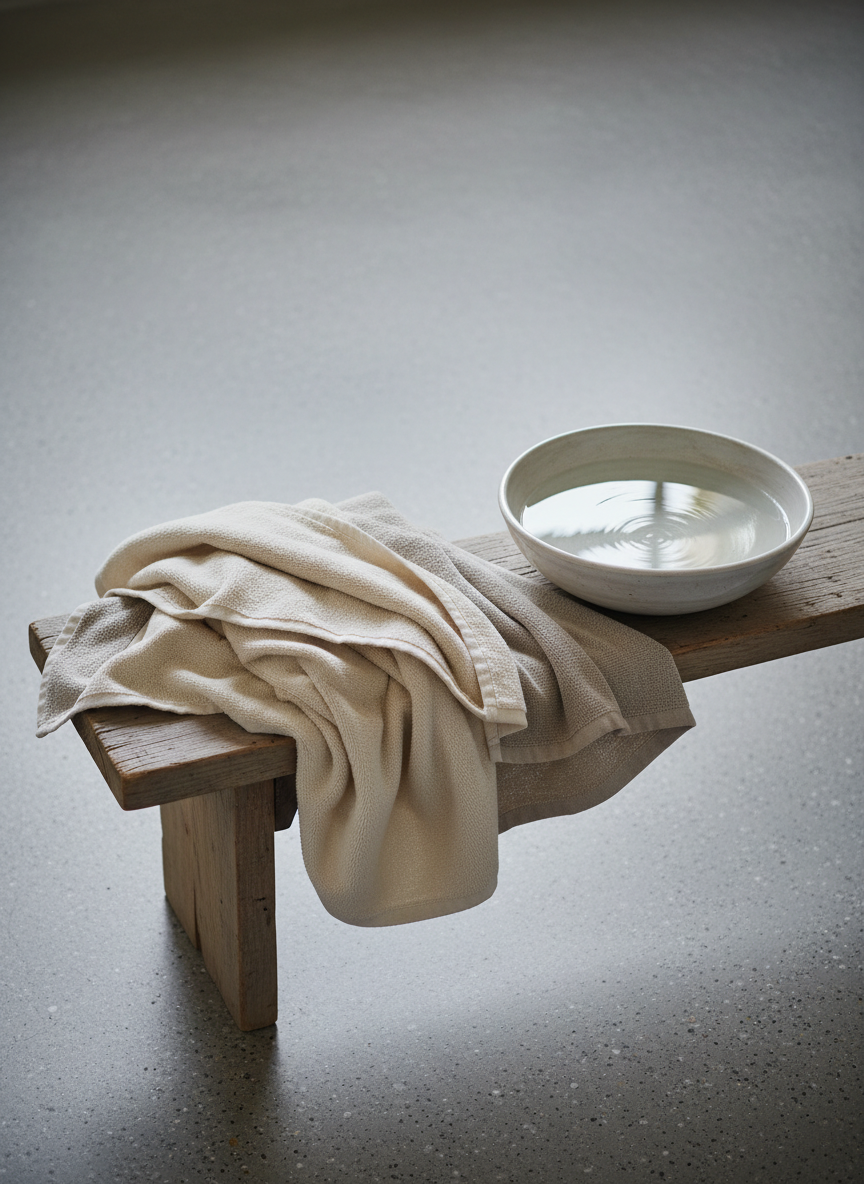 A pair of folded, heavy cotton towels rest on a low wooden bench, their edges slightly misaligned to reveal layers of softness and thickness. Next to them, a shallow ceramic bowl filled with clear water reflects the ceiling in a gently distorted way, tiny ripples catching the light. The bench stands on a matte concrete floor with visible fine aggregate, adding a cool, mineral texture. Soft overhead daylight creates a broad, even glow, with mild, velvety shadows beneath the bench. Captured from a slightly elevated angle with moderate depth of field, the image feels clean, minimal and grounded, suggesting preparation for bodywork and the care given to the physical environment.
