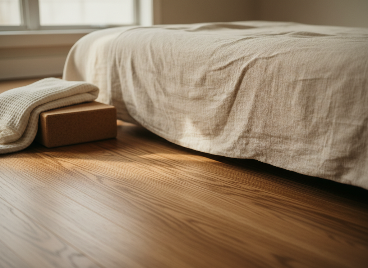 A close, tactile view of a linen-covered massage futon on a warm wooden floor, the fabric showing fine weave and slight creases where weight has recently rested. At the edge of the frame, a neatly folded cotton blanket and a smooth cork yoga block introduce additional textures. Soft late-afternoon daylight filters through an unseen window, creating gentle gradients of light across the textiles and subtle shadows along the floorboards. Shot from a low, side angle with shallow depth of field, the focus lingers on the interplay of fabric, wood grain, and shadow. The mood is calm, grounded, and sophisticated, emphasizing embodied presence and quiet attention without any people visible.