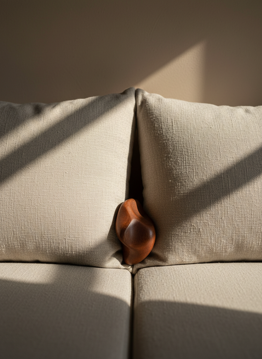 A detailed close-up of two neutral-toned cushions pressed together on a floor-level seating area, the woven cotton covers revealing tiny fibers and natural imperfections. Between them lies a small, hand-carved wooden object with a smooth, worn surface, suggesting frequent handling. Behind, a wall painted in a muted clay shade fades softly out of focus. Diffused morning light from the left side grazes the fabrics, accentuating their texture and casting faint, overlapping shadows. Composed at eye level with a tight crop, the image feels intimate and reflective, evoking somatic awareness and subtle contact through the language of materials alone, rendered in quiet, photographic realism.